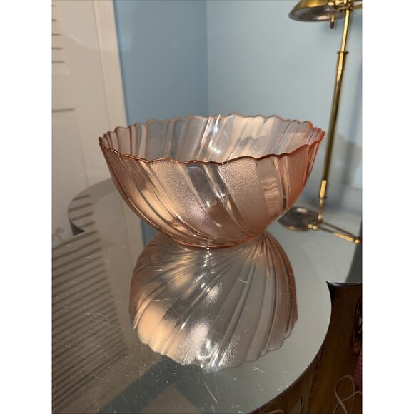 VGT Vereco France Pink Swirl Depression Glass Serving Bowl 1980s Large - Picture 2 of 5